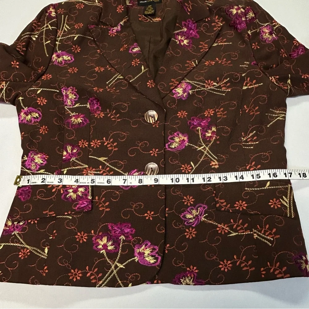 Womens Matching Blazer Skirt Set Petite Size 10P Silk‎ Linen Embroidered Floral